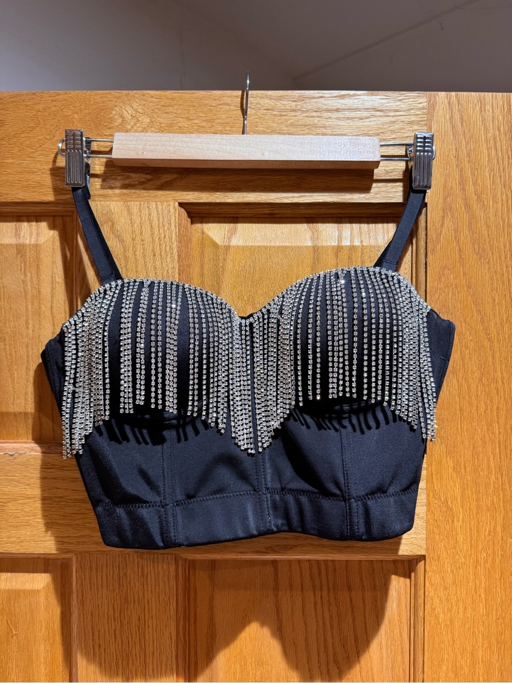 Women's Black Rhinestone Fringe Bustier Crop Top Small
